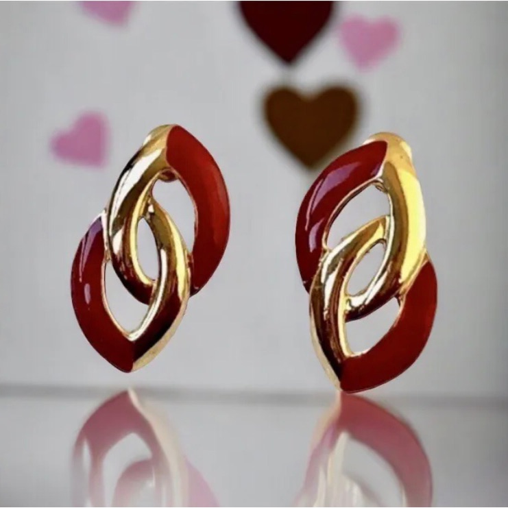 Trifari Vintage Earrings Red Enamel & Gold-Tone Pierced Post Signed Pierced Ears